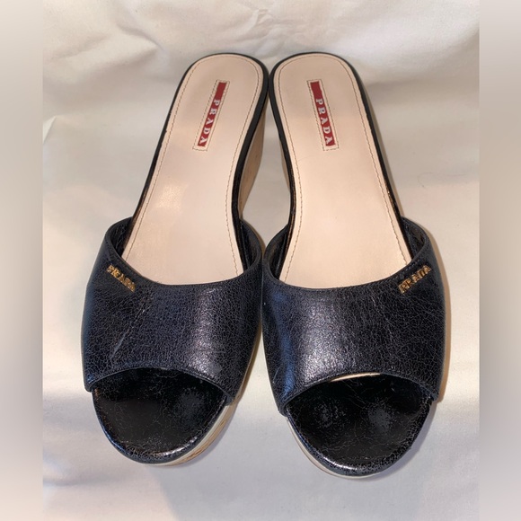 Prada Shoes | Prada Slide Black Leather, and cream sole Cork platform peep toe - Picture 3 of 5
